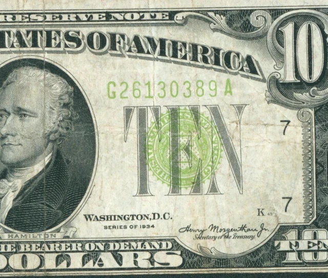 $10 1934 LGS LIME ((LIGHT GREEN SEAL)) Federal Reserve Note ** DAILY CURRENCY