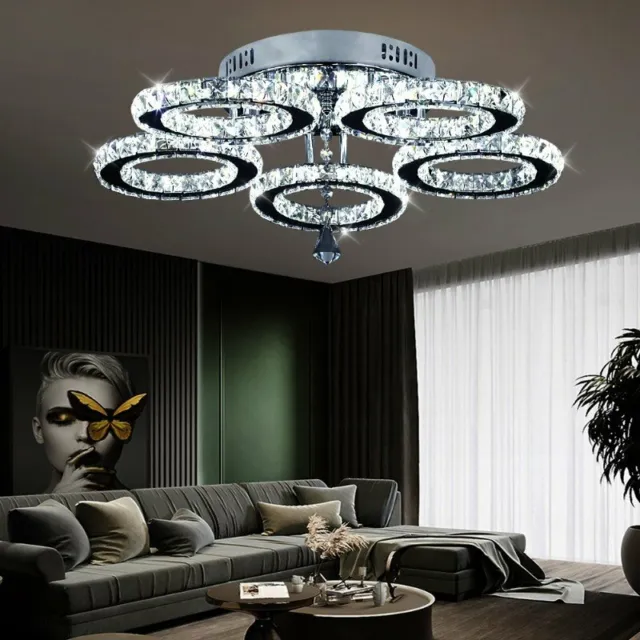3/5 Ring Crystal Chandelier Modern LED Ceiling Light Stainless Steel Chrome Lamp