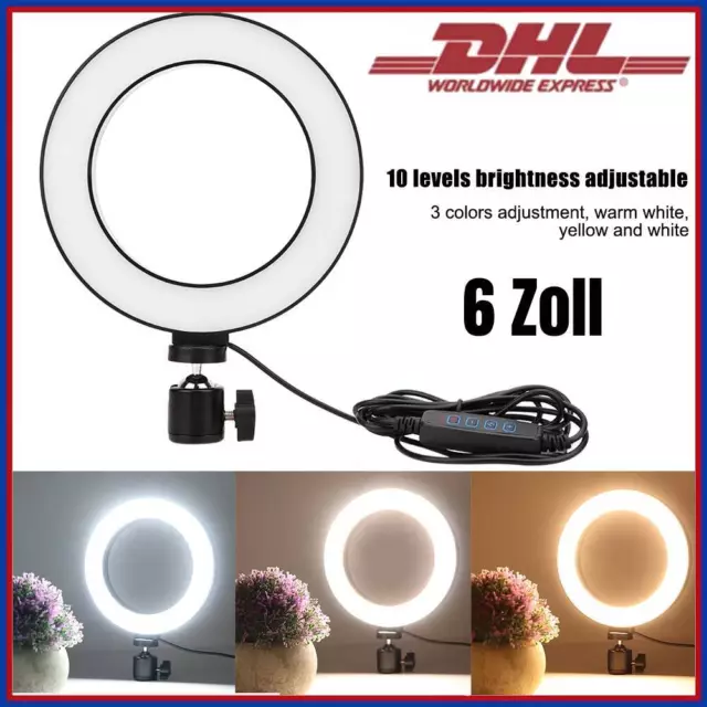 6" USB LED Ring Light Living Broadcast Selfie Fill Lampe Dimmbar 3 Lichtmodi DE