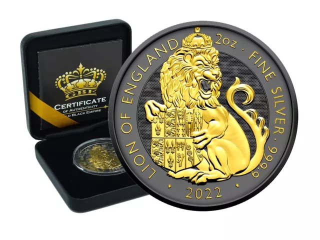 2 OZ Silber 2022 Royal Tudor Beasts Lion of England Gold Black Empire