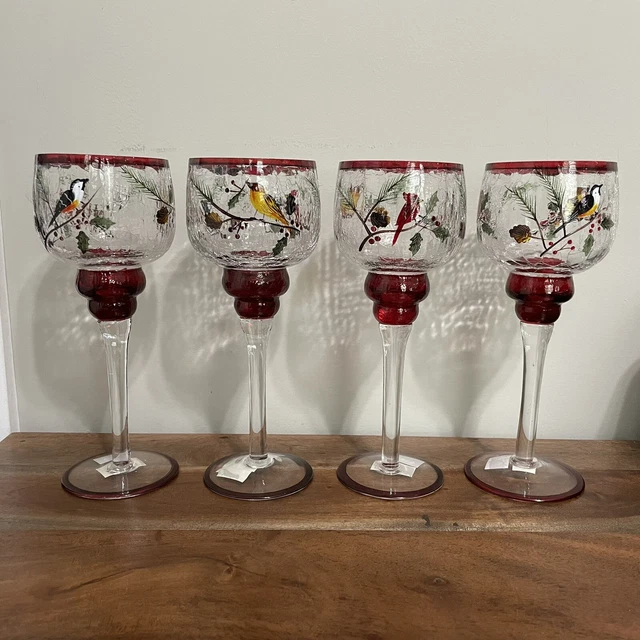 Yankee Candle Crackle Glass Votive Holder Set/4 Holiday Bird Cardinal Christmas