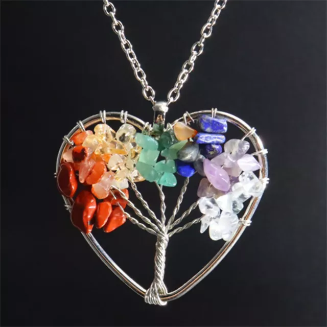 7 Chakra Natural Stone Crystal Tree of Life Heart Pendant Reiki Healing Necklace