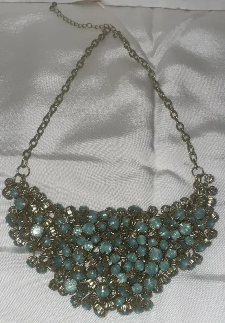 Vintage Runway Statement Unsigned Aqua Rhinestone Gold-Tone Bib Cluster Necklace