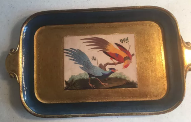 Vietri Italian Gold Tray with Two Beautiful Birds, Excellent Condition
