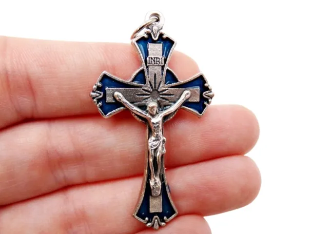 Silver Toned Blue Enamel Scrollwork Cross Medal Crucifix Pendant 1.75 In