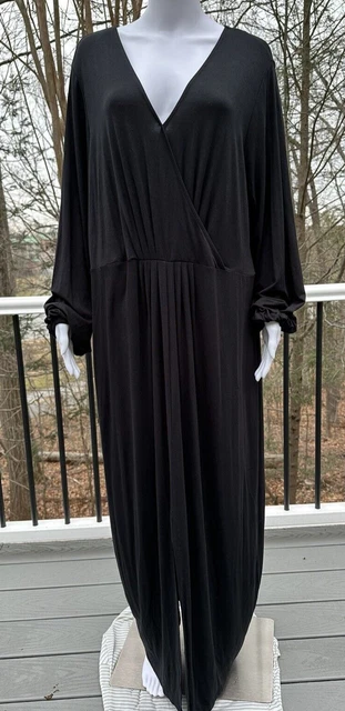 Haute Hippie 1X Tribe Maya V-Neck Maxi Long Sleeve Stretch Viscose Dress Black