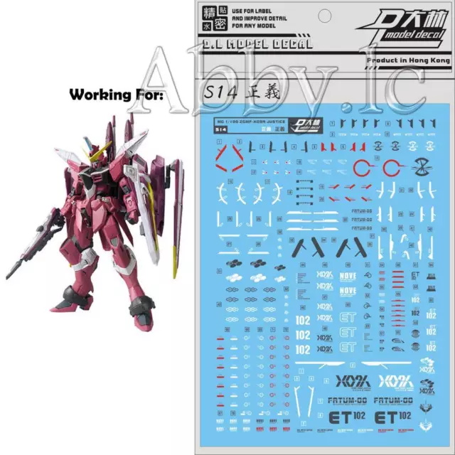 for MG 1/100 ZGMF-X09A Justice DL Model Master Water Slide pre-cut Decal Sticker