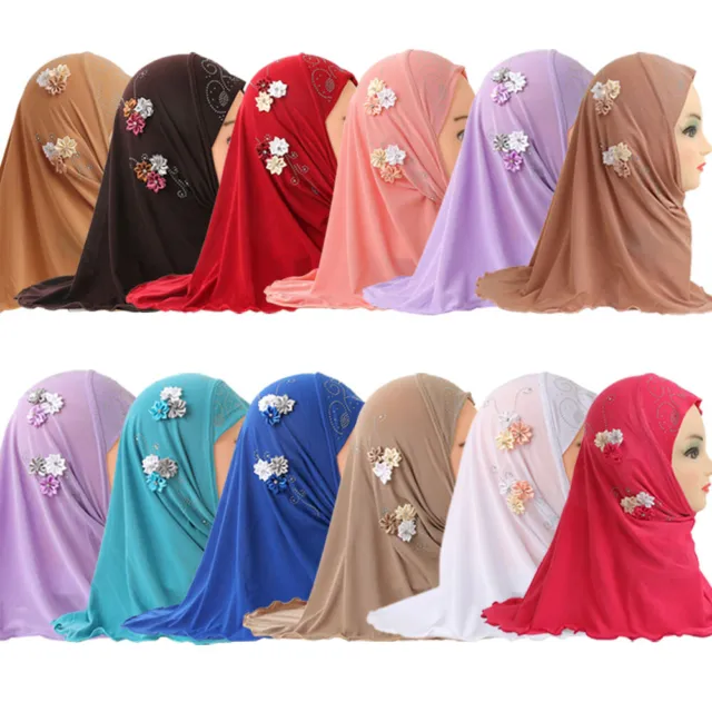 12pcs Girls Kids Muslim Hijab Islamic Scarf Shawls Flowers Headscarf Caps 2-6Y