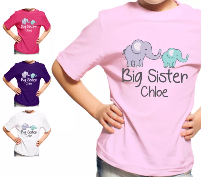 Personalised Big Sister Elephant T-Shirt Girls Tshirt Kids Top Gift