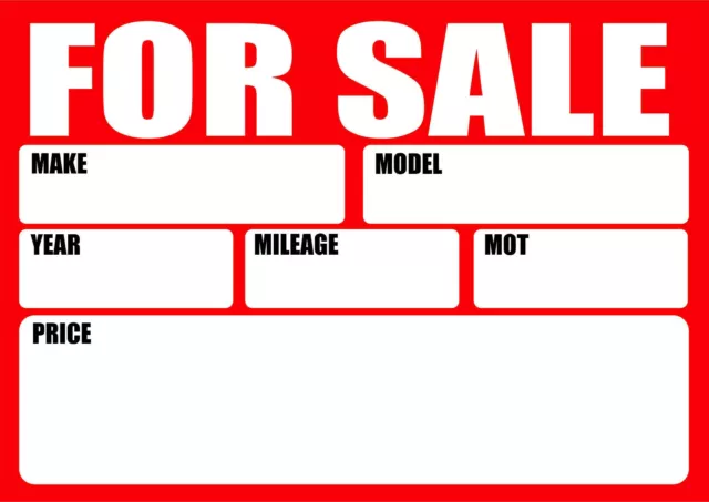 Car Dealer - FOR SALE SIGNS - Plastic Window Boards, Wipeable, FREE POSTAGE