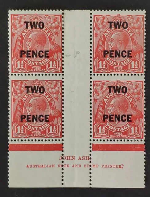 AUSTRALIA. GV ERROR! 1930. 2d on 1 1/2d ASH imprint block of 4 stamps, MNH/mint.