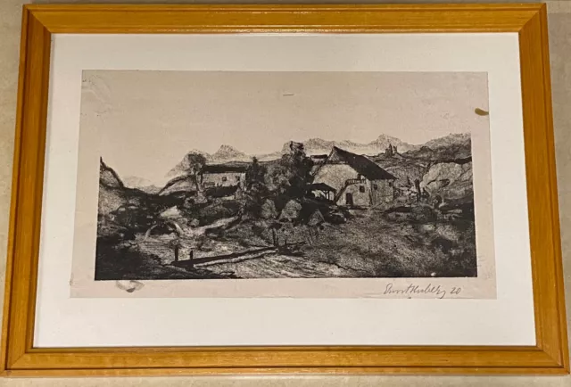 Ernst Huber, Landschaft. Litho, Signiert. Rahmen: 22,5x32 cm. Motiv: 12x22 cm.