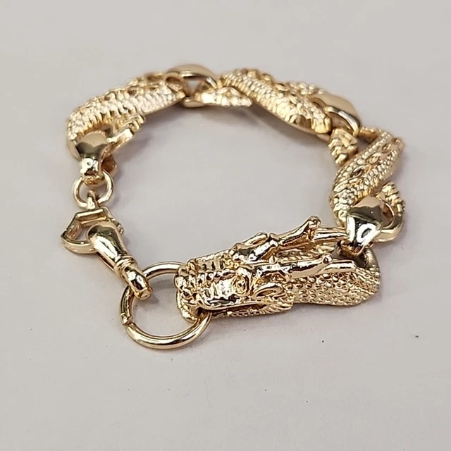 Dragon Bracelet Linked Chunky Gold Tone 7.5" Punk