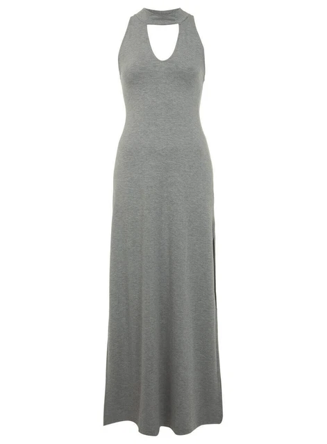 Miss Selfridge UK 14 Grey Turtle Neck Jersey Maxi Dress Slit Side Cut Out Summer