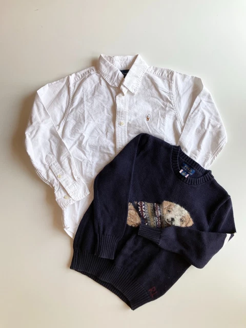 Boys' 6-7Y Set - RALPH LAUREN White Cotton Shirt & POLO Navy Dog Sweater