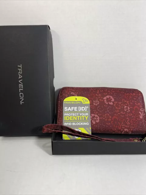 Travelon Womens Maroon Floral Safe ID RFID Blocking Zip Clutch Wallet One Size