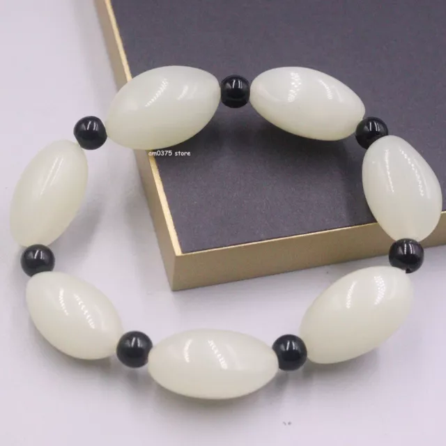 Natural White Hetian Jade Women Men 16mm Oval Bead With Black Agate Bracelet