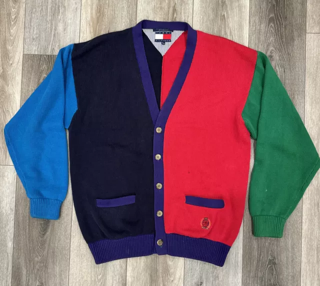 Vintage Tommy Hilfiger Colorblock Cardigan Sweater Pockets Long Sleeve Size XL