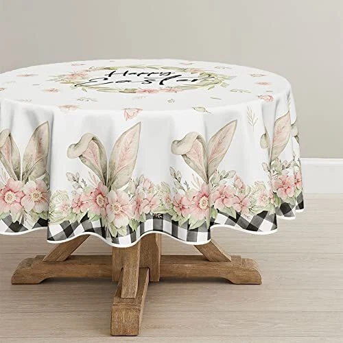 Easter Tablecloth 70x70 Inch Round, Spring Flower Buffalo Plaid Bunny Ear