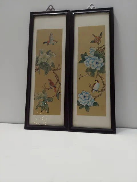 Vtg Lot Classic Asian Painted Silk Framed Wall Art Birds & Flowers 2 pc Set