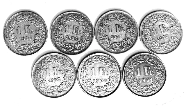 Suisse lot 7 monnaies 1 Franc 1940 1943 1944 1945 1952 1960 1961 argent Fr