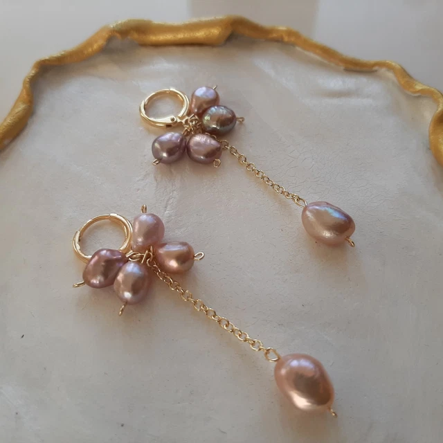 Boucles D'oreilles Dormeuses En Perles De Culture Naturelles Plaqué Or 14k - Marque Rose-Mimosa, Neuf étiqueté