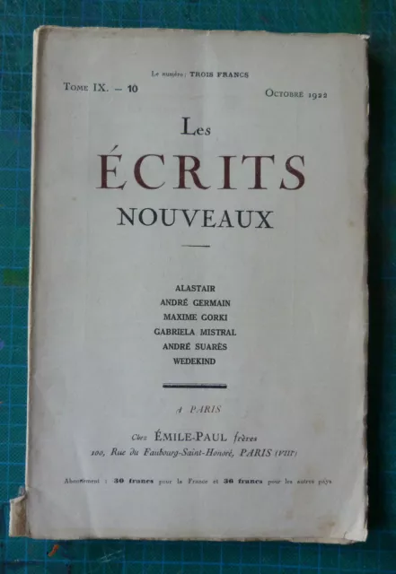 Les Ecrits Nouveaux Tome Ix Andre Germain Maxime Gorki ... Octobre 1922