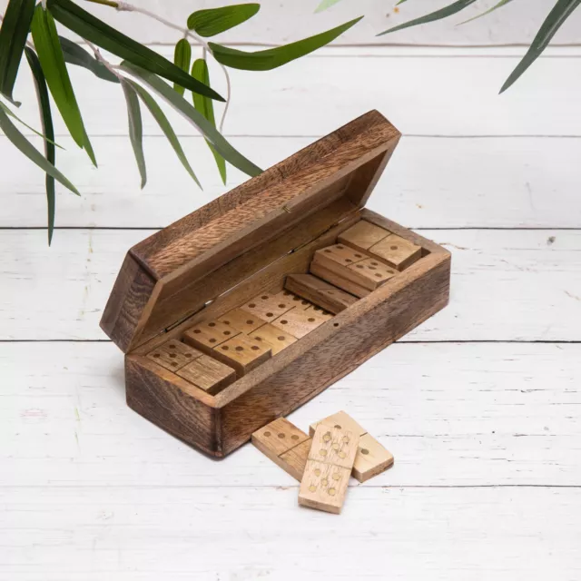 Mango Wood Dominoes with Brass Inlay Game Gift Box Travel Set