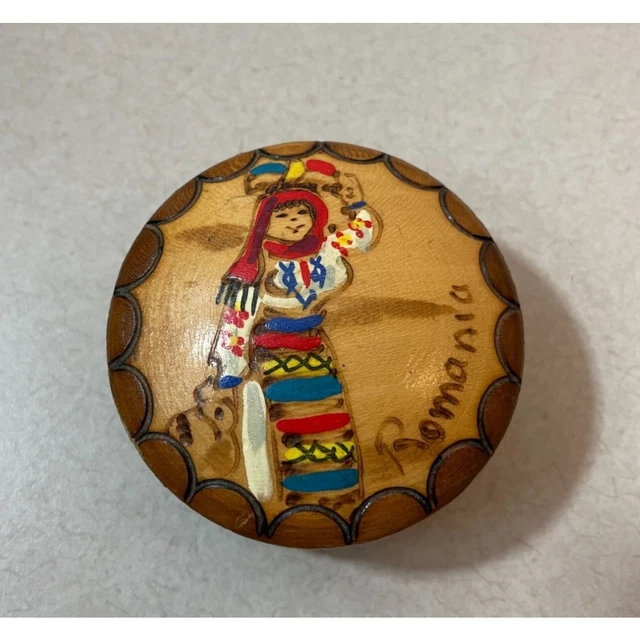 Vintage Hand Painted Carved Wooden Trinket Box Made in Romania