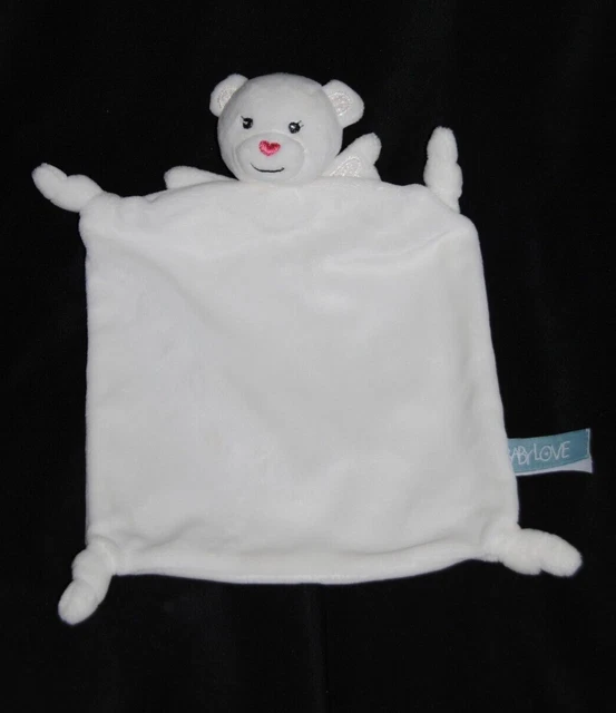 Doudou plat ours blanc ange BABYLOVE BABY LOVE ailes nez coeur rose Etat NEUF