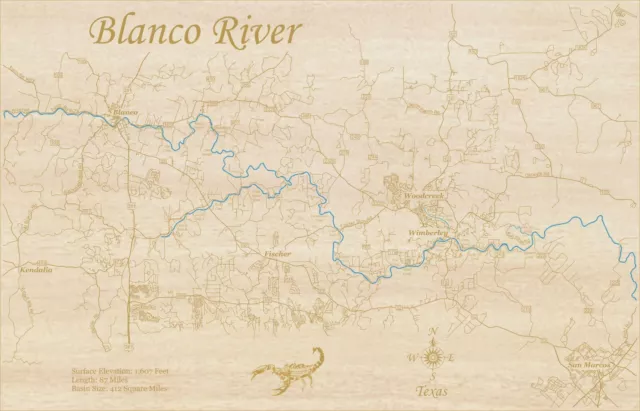 Blanco River, Texas - Laser Cut Wood Map | Wall Art | Made to Order