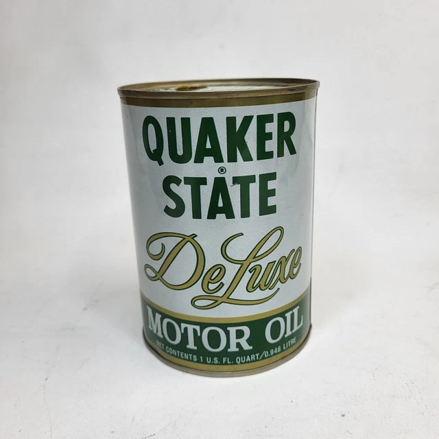 VINTAGE ANTIQUE QUAKER State DeLuxe Metal Oil Can Tin Full 1 Quart