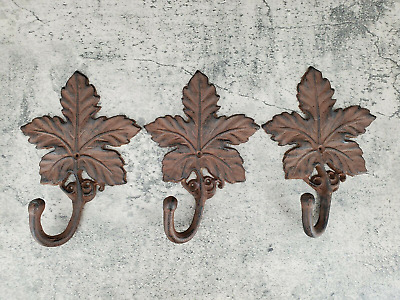 Handmade Wrought Iron 8" Maple leaf Heavy Coat Hooks, Set of Three