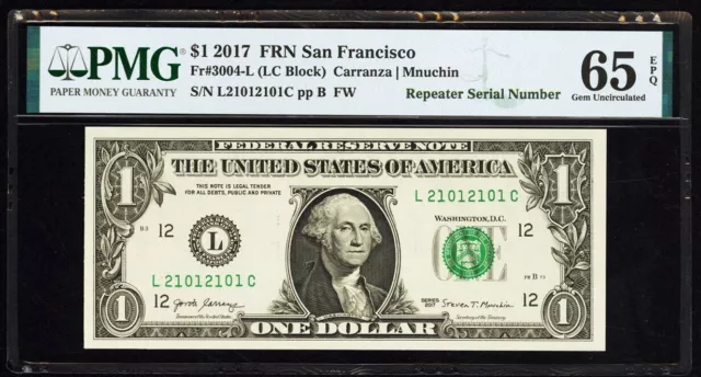 USA 1$ 2017 Note ~ Repeater  21012101 ~ Fr. 3004-L ~ PMG Gem Uncirculated 65 EPQ