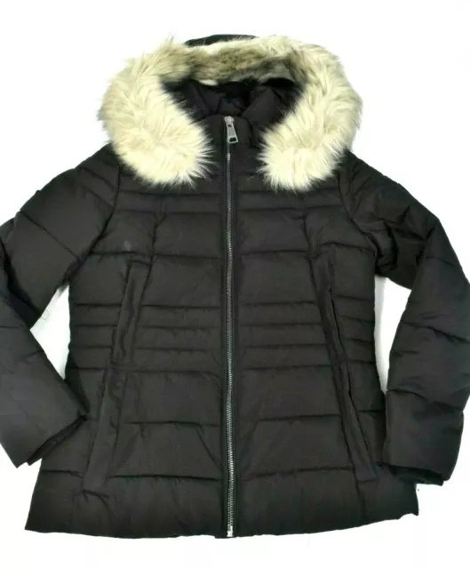 DKNY Womens Puffer Jacket New S Black Faux Fur Trim Hooded Winter