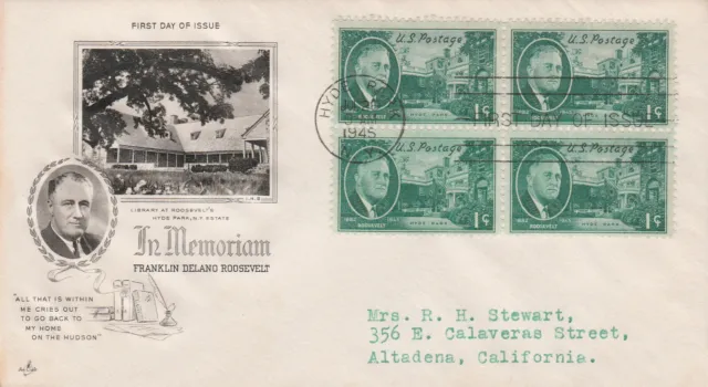 Franklin D. Roosevelt In Memoriam 1c Block of 4 Stamps FDC Artcraft 1945