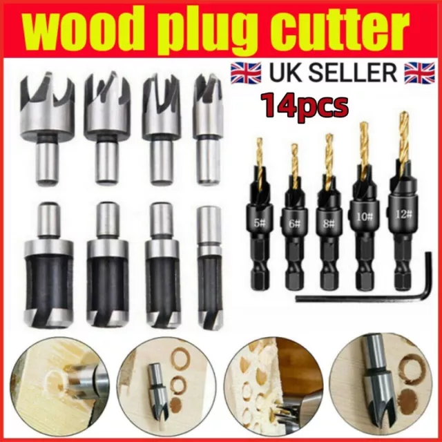 14pcs/Set Pack Countersink Drill Bit Wood Plug Cutter Woodworking Screw Hole New