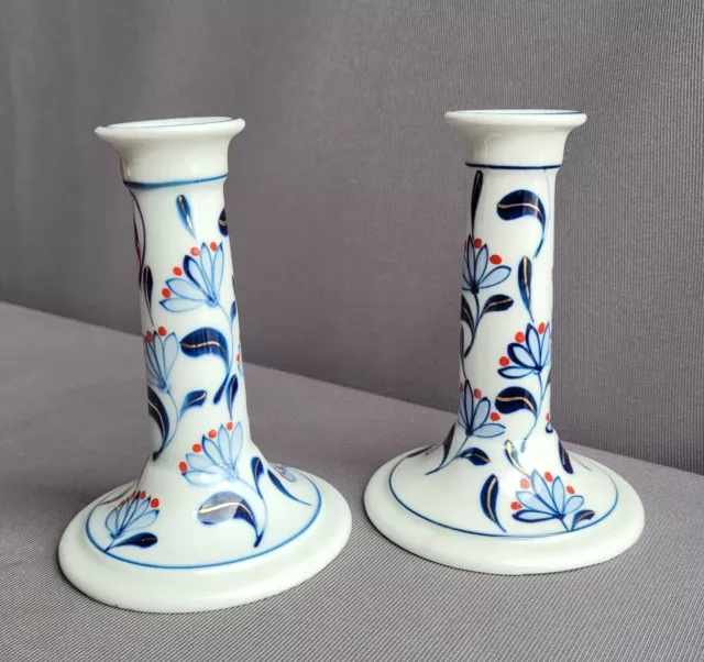 Vintage Blue, White, Red And Gold Candlesticks Porcelain, Ceramic