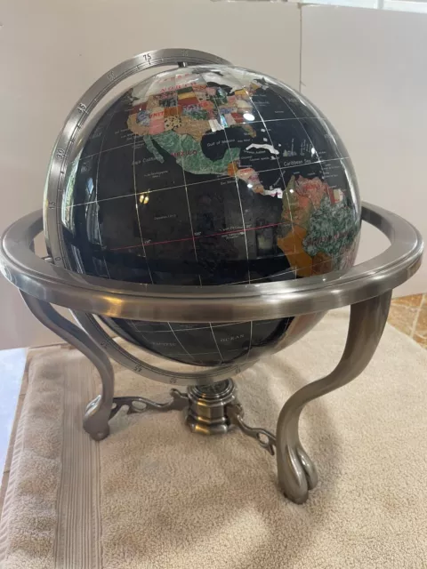 18" Tall Black Onyx Table Top Gemstone World Globe w/ Silver Tripod