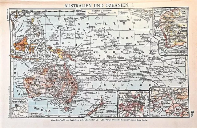 Alte Lithographie, Australien und Ozeanien, ca.1920,Landkarte, Hawaii, Tasmanien