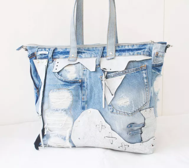 Tote bag denim and leather Large women's bag Upcycled Boho Style Shoulder Bag