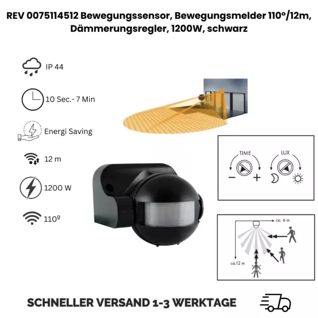 REV 0075114512 Bewegungssensor, Bewegungsmelder 110°/12m, Dämmerungsregler, 1200