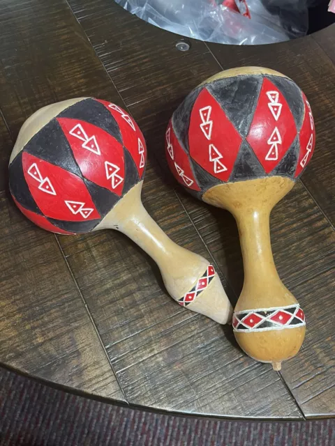 Vintage Pair of Hand Painted & Carved Mexican Maracas Gourd Shakers Red & Green