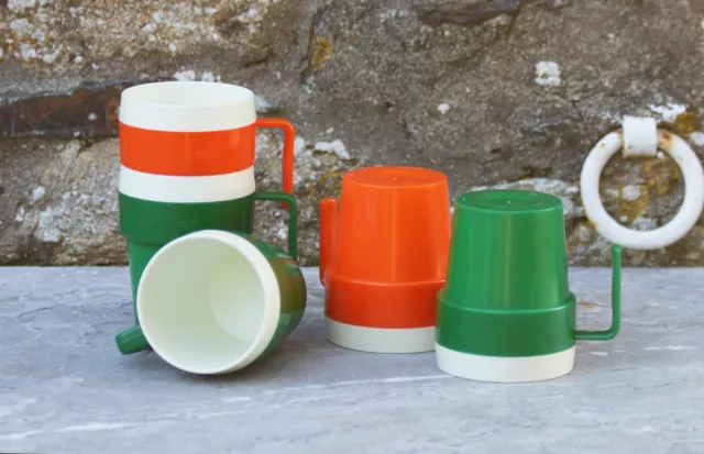 Vintage ELF lot 5 x mug tasse isotherme en plastique orange et vert