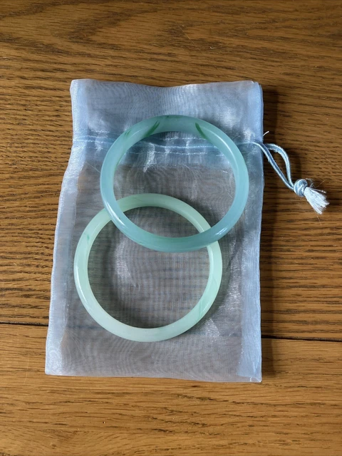 Pair Of Vintage Chinese Elegant Natural Green Jade Bangles
