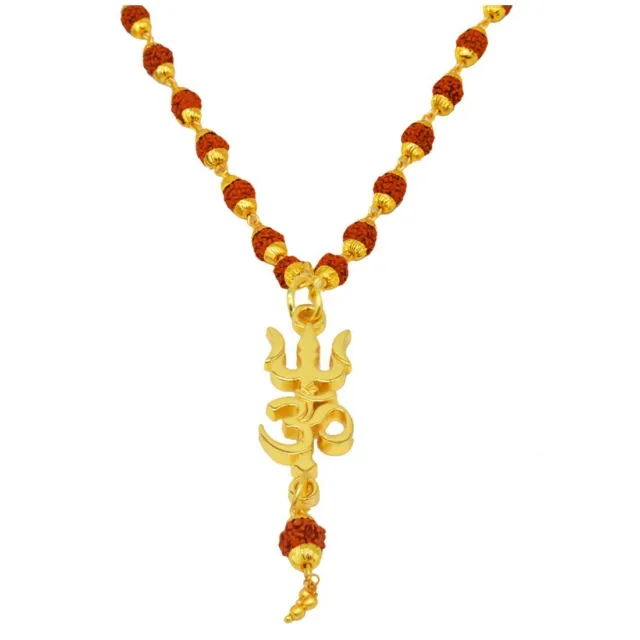 Om Trishul Rudraksha Locket  Rudraksha Mala Gold Brown Brass Necklace Pendant