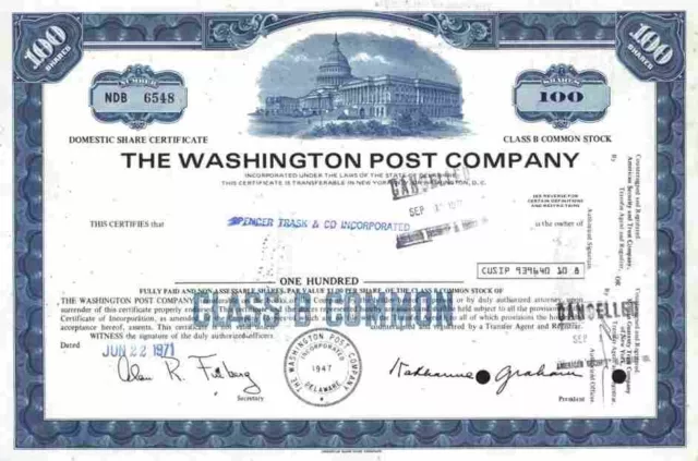 Washington Post Co. 1971 Weißes Haus D.C. Amazon Jeff Bezos Nash Holdings 100 Sh