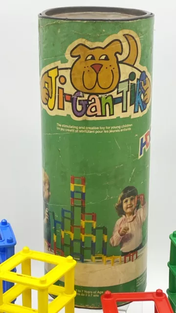 Vintage Ji-Gan-Tiks Creative Tower Building Blocks Toy w Canister & Lid 25 psc 2