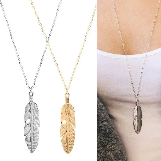 Gold/Silver Plated Big Feather Leaf Pendant Necklace Long Sweater Chain Women