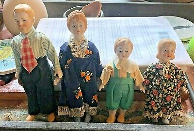 Very Old, Entirely Bisque, Jointed Porcelain Doll Family of 4 Orig. Clothes